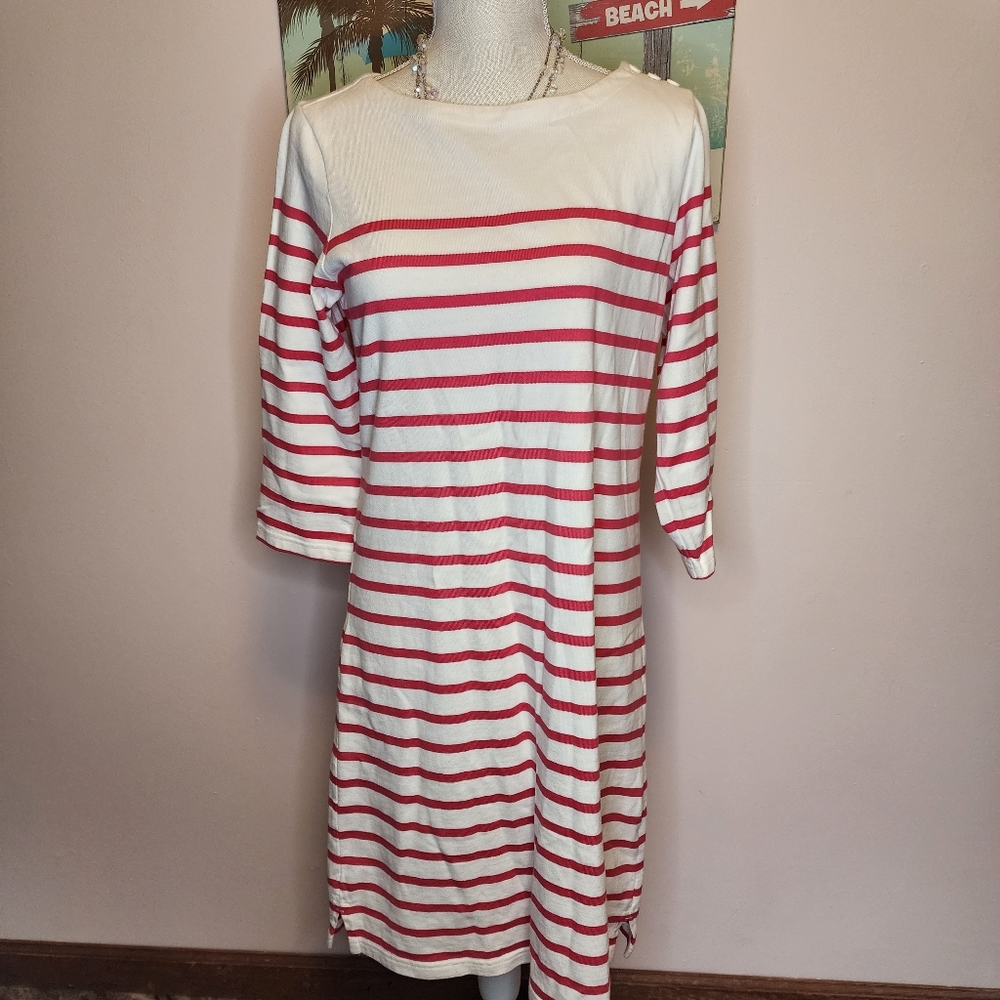 L.L. Bean NWOT cotton t shirt midi dress coral cream stripe M